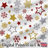 Festive Stars and Snowflakes Pattern White Background Seamless  Digital Print Material by the Metre UK Sewing Quilting Textile
