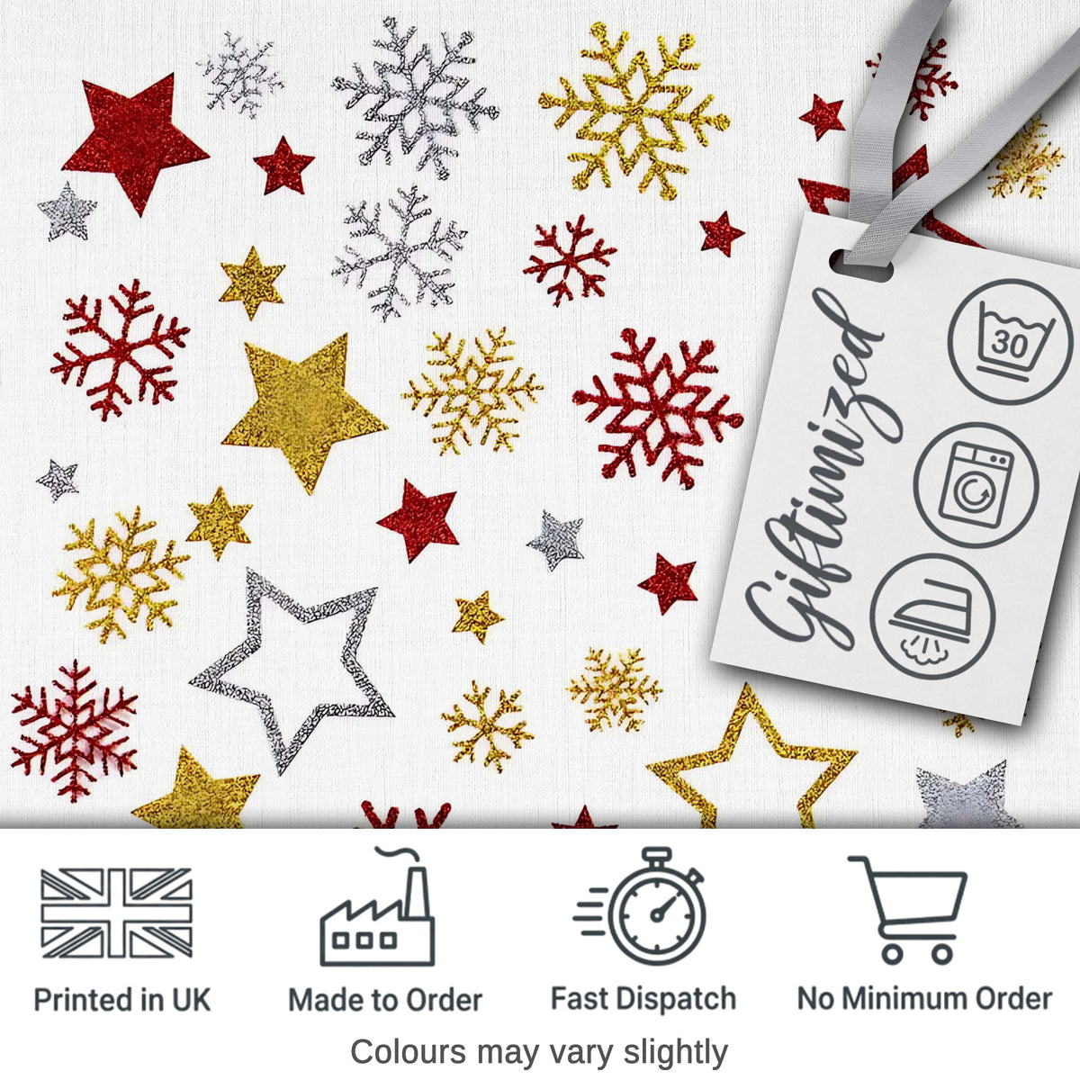 Festive Stars and Snowflakes Pattern White Background Seamless  Digital Print Material by the Metre UK Sewing Quilting Textile