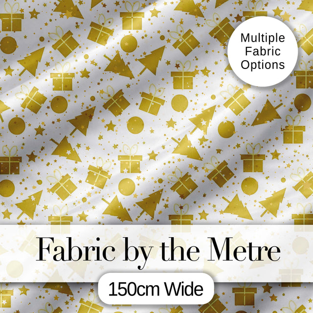 Gold Christmas Icons Pattern White Background Seamless Lovely  Digital Print Material by the Metre UK Sewing Quilting Textile