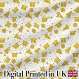 Gold Christmas Icons Pattern White Background Seamless Lovely  Digital Print Material by the Metre UK Sewing Quilting Textile