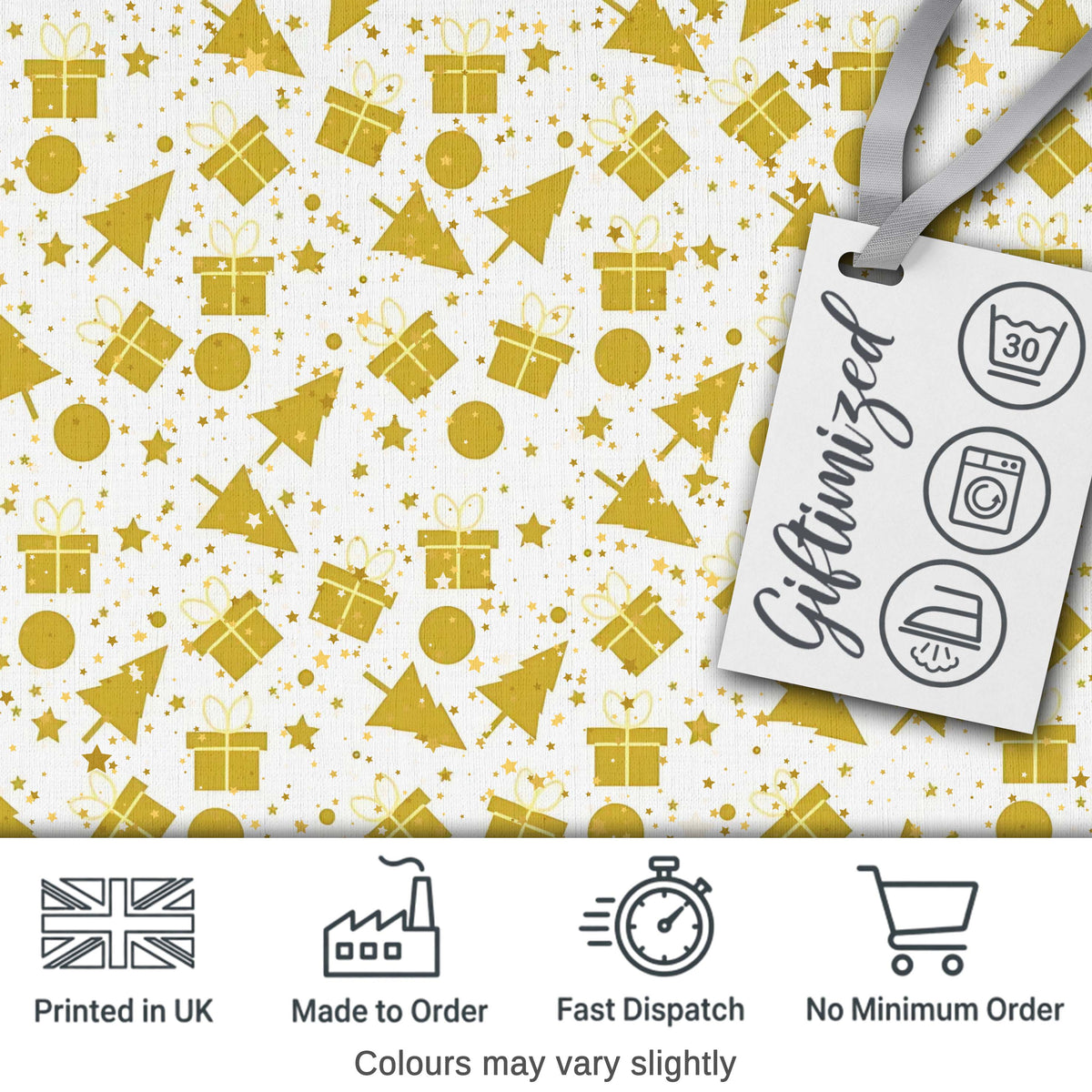 Gold Christmas Icons Pattern White Background Seamless Lovely  Digital Print Material by the Metre UK Sewing Quilting Textile
