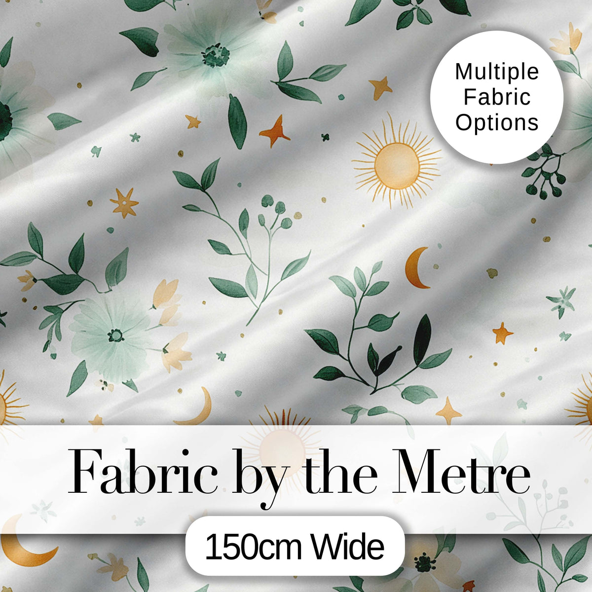 Minimal Floral Leaves and Sun Pattern White Background Seamless  Digital Print Material by the Metre UK Sewing Quilting Textile