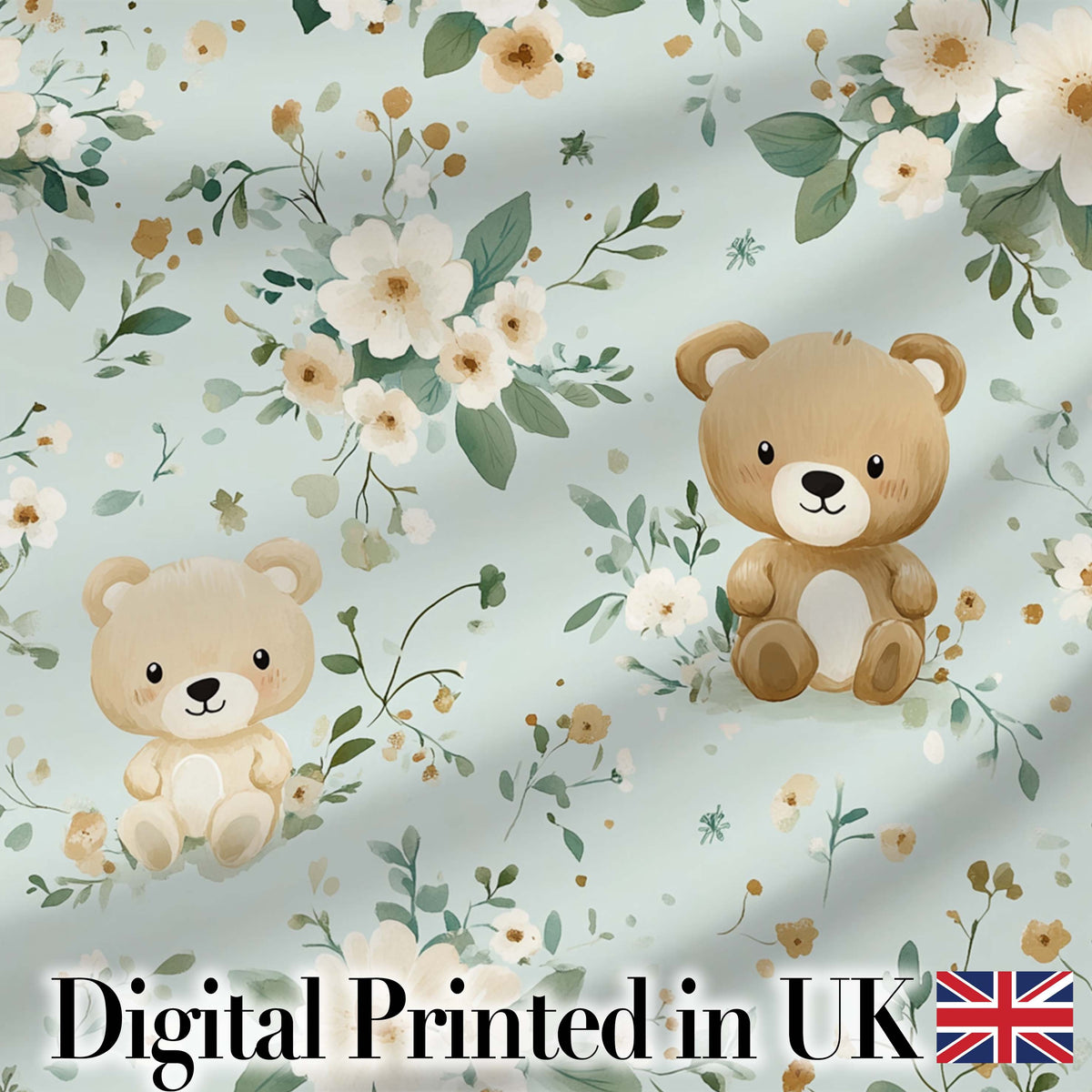 Teddy Bear Floral Nursery Pattern Blue Background Seamless Lovely  Digital Print Material by the Metre UK Sewing Quilting Textile