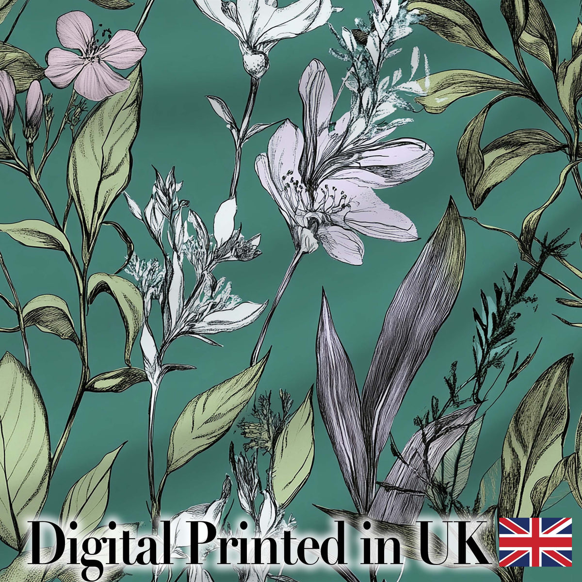 Vintage Botanical Floral Sketch Teal Background Seamless Pattern  Digital Print Material by the Metre UK Sewing Quilting Textile