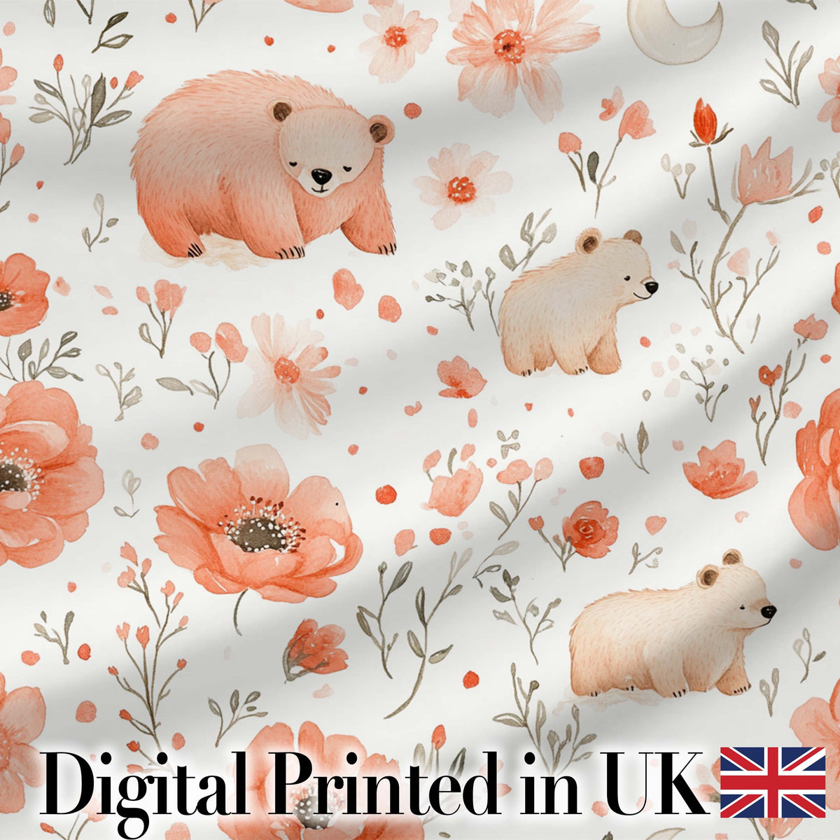 Cute Bear Floral Woodland Nursery Pattern Seamless Watercolour  Digital Print Material by the Metre UK Sewing Quilting Textile