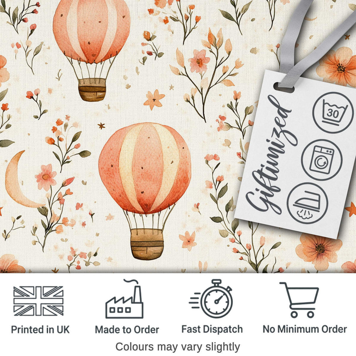 Watercolor Hot Air Balloon Floral Botanical Seamless Pattern Lovely  Digital Print Material by the Metre UK Sewing Quilting Textile