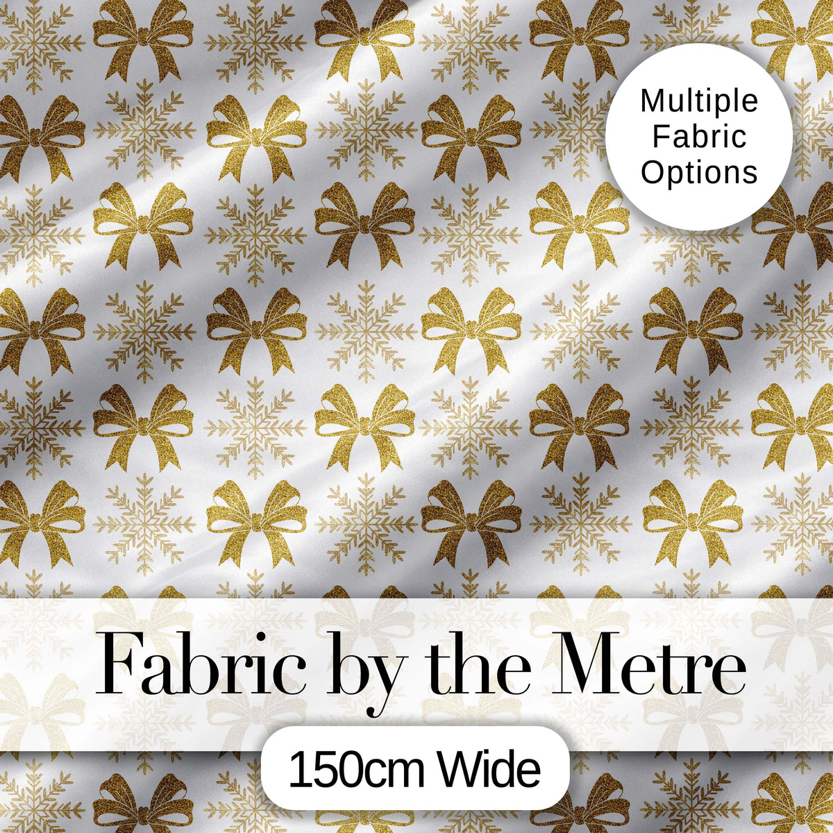 Gold Glitter Snowflake and Bow Christmas Pattern Cute Unique Gift  Digital Print Material by the Metre UK Sewing Quilting Textile