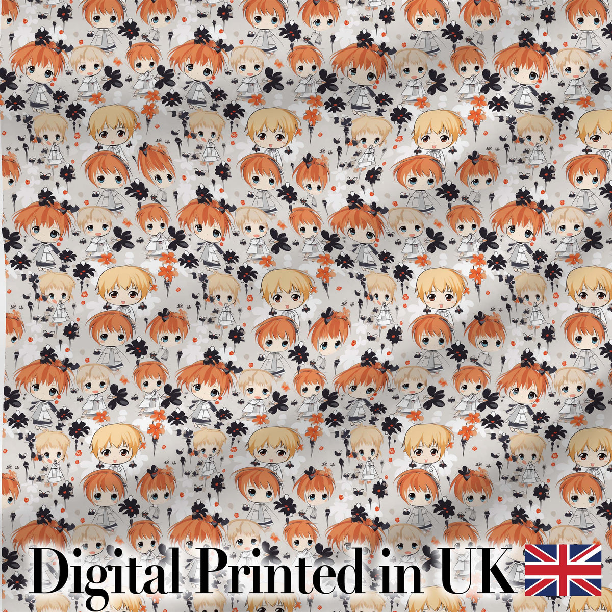 Cute Chibi Kids Floral Pattern Kawaii Character Design Lovely  Digital Print Material by the Metre UK Sewing Quilting Textile