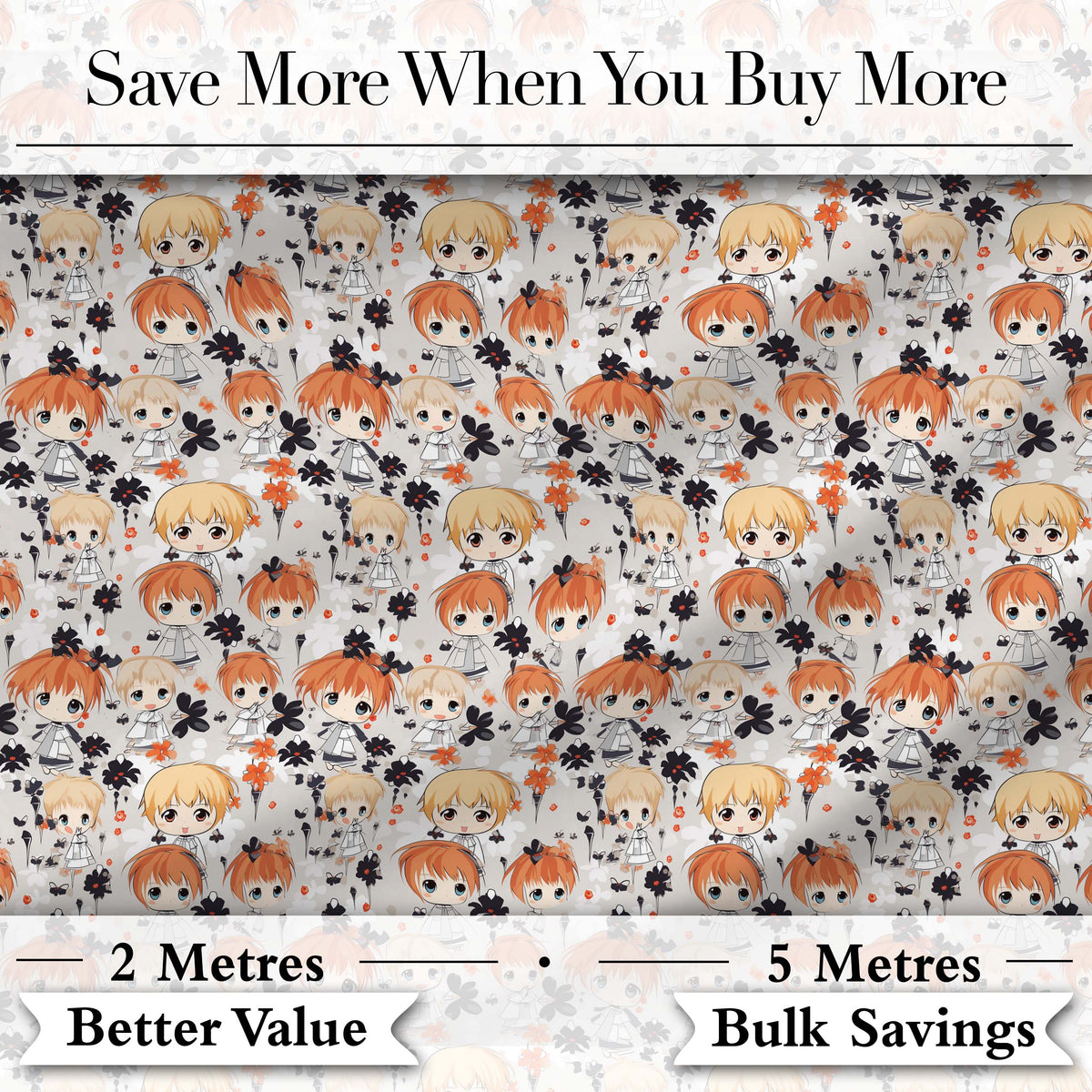 Cute Chibi Kids Floral Pattern Kawaii Character Design Lovely  Digital Print Material by the Metre UK Sewing Quilting Textile
