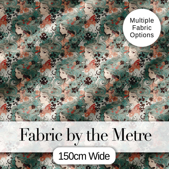 Elegant Woman Teal Hair Floral Artistic Pattern Stylish Everyday   Digital Print Material by the Metre UK Sewing Quilting Textile