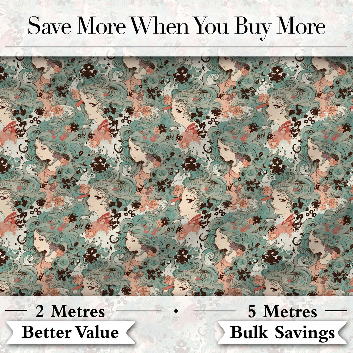 Elegant Woman Teal Hair Floral Artistic Pattern Stylish Everyday   Digital Print Material by the Metre UK Sewing Quilting Textile