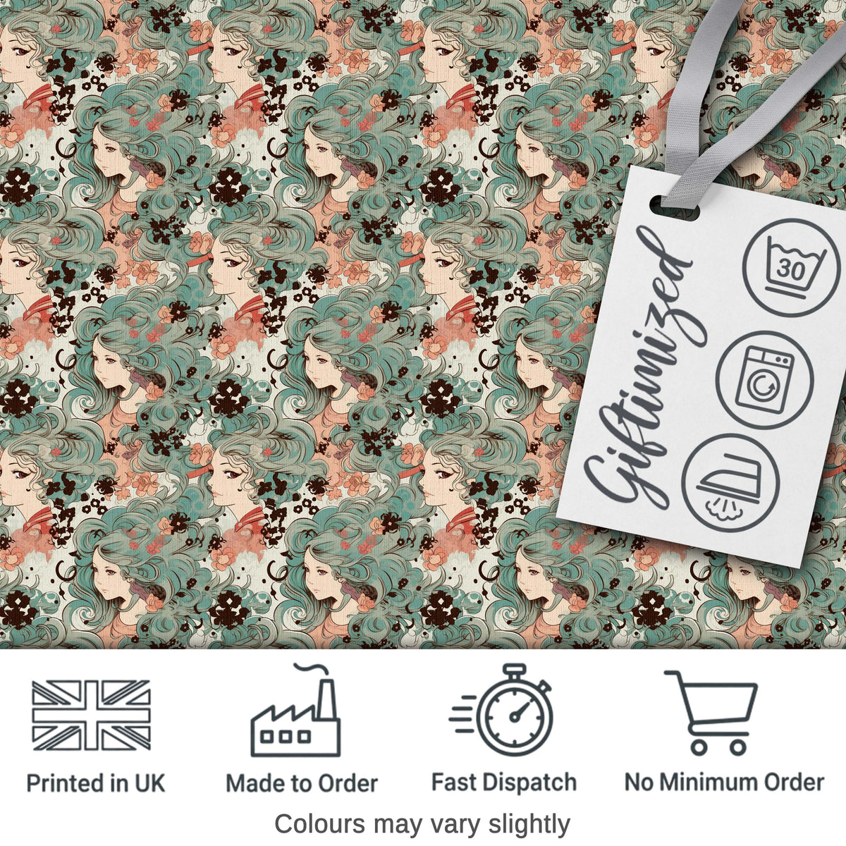 Elegant Woman Teal Hair Floral Artistic Pattern Stylish Everyday   Digital Print Material by the Metre UK Sewing Quilting Textile