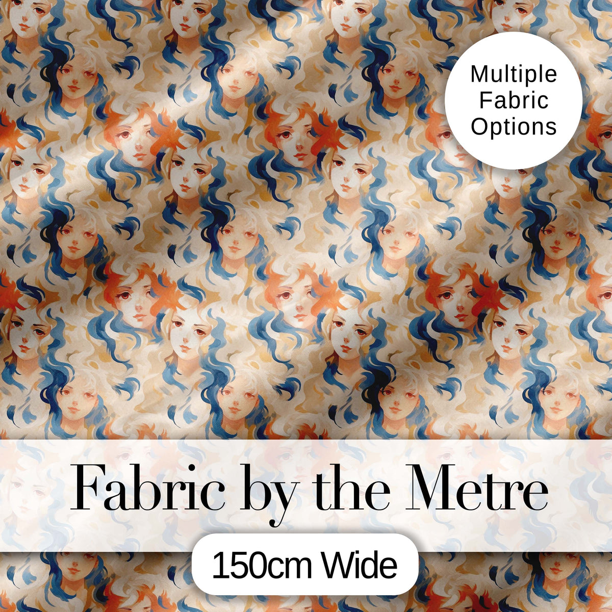 Artistic Female Portrait Cream Blue Abstract Pattern Lovely  Digital Print Material by the Metre UK Sewing Quilting Textile