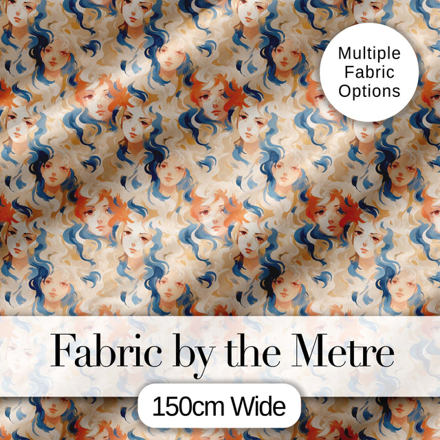 Artistic Female Portrait Cream Blue Abstract Pattern Lovely  Digital Print Material by the Metre UK Sewing Quilting Textile