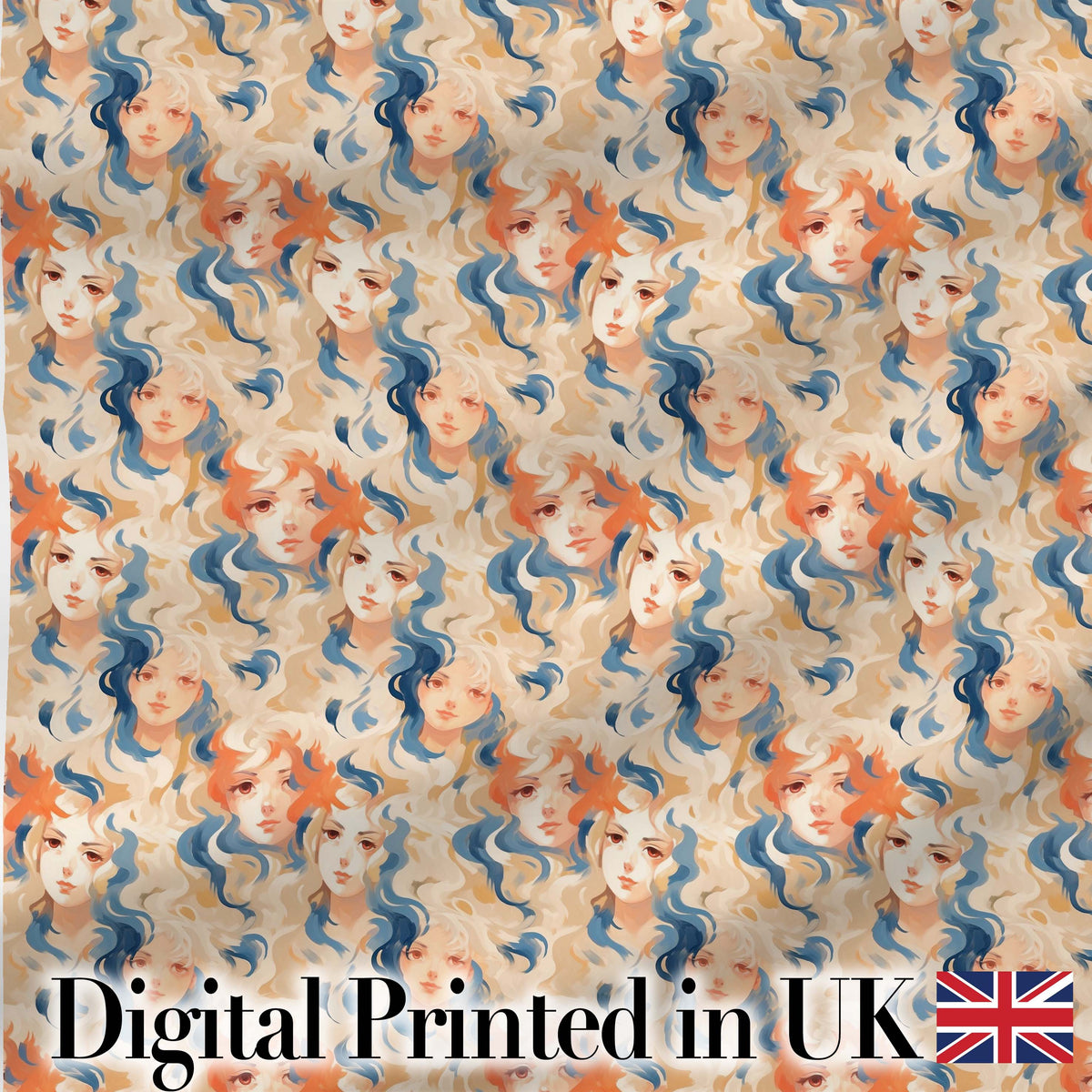 Artistic Female Portrait Cream Blue Abstract Pattern Lovely  Digital Print Material by the Metre UK Sewing Quilting Textile