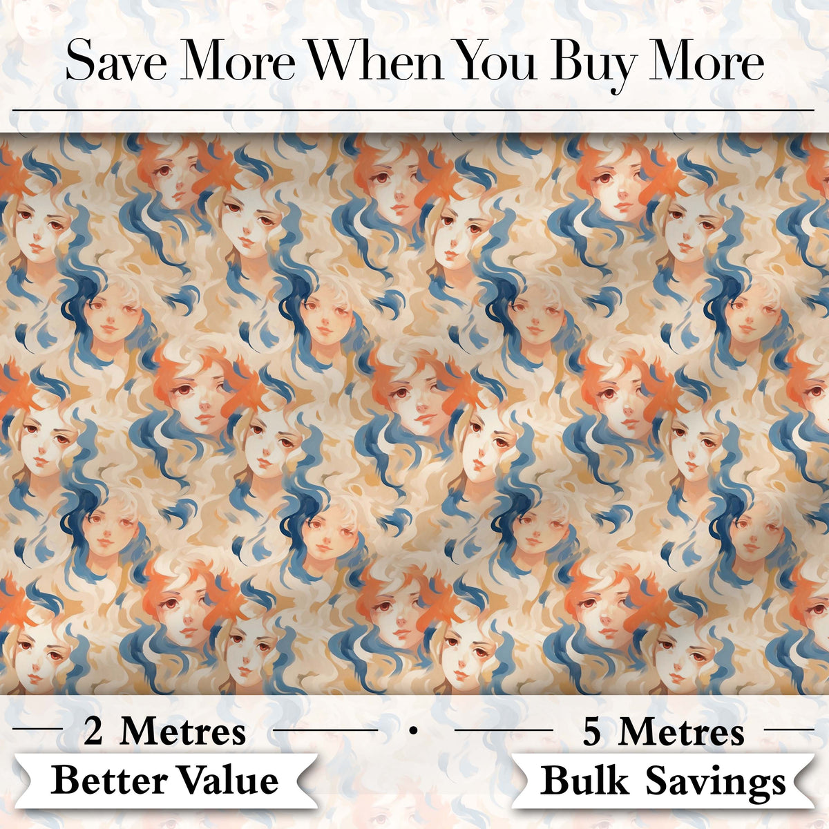 Artistic Female Portrait Cream Blue Abstract Pattern Lovely  Digital Print Material by the Metre UK Sewing Quilting Textile