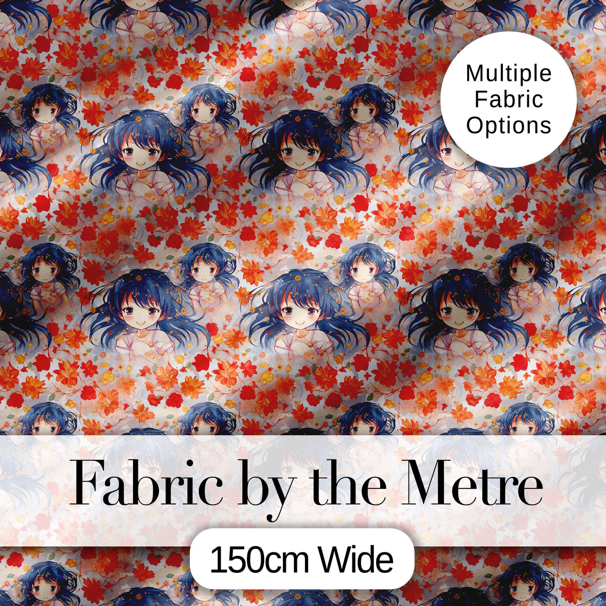 Anime Girl Floral Orange Blue Pattern Kawaii Character Design Lovely  Digital Print Material by the Metre UK Sewing Quilting Textile