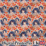 Anime Girl Floral Orange Blue Pattern Kawaii Character Design Lovely  Digital Print Material by the Metre UK Sewing Quilting Textile