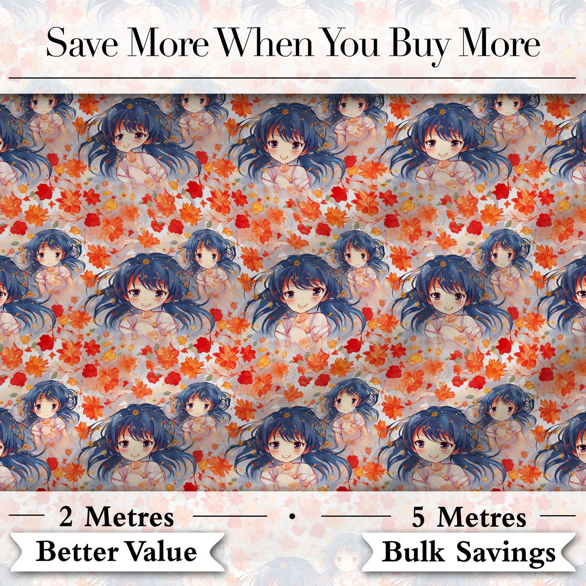 Anime Girl Floral Orange Blue Pattern Kawaii Character Design Lovely  Digital Print Material by the Metre UK Sewing Quilting Textile