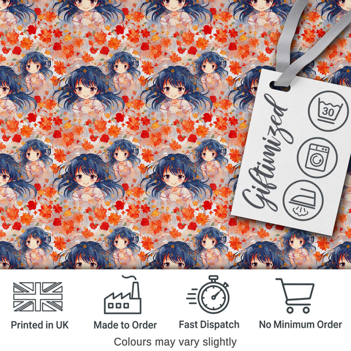Anime Girl Floral Orange Blue Pattern Kawaii Character Design Lovely  Digital Print Material by the Metre UK Sewing Quilting Textile