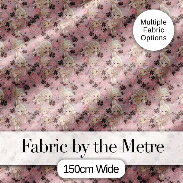 Blonde Chibi Girl Floral Pink Pattern Cute Character Design Lovely  Digital Print Material by the Metre UK Sewing Quilting Textile
