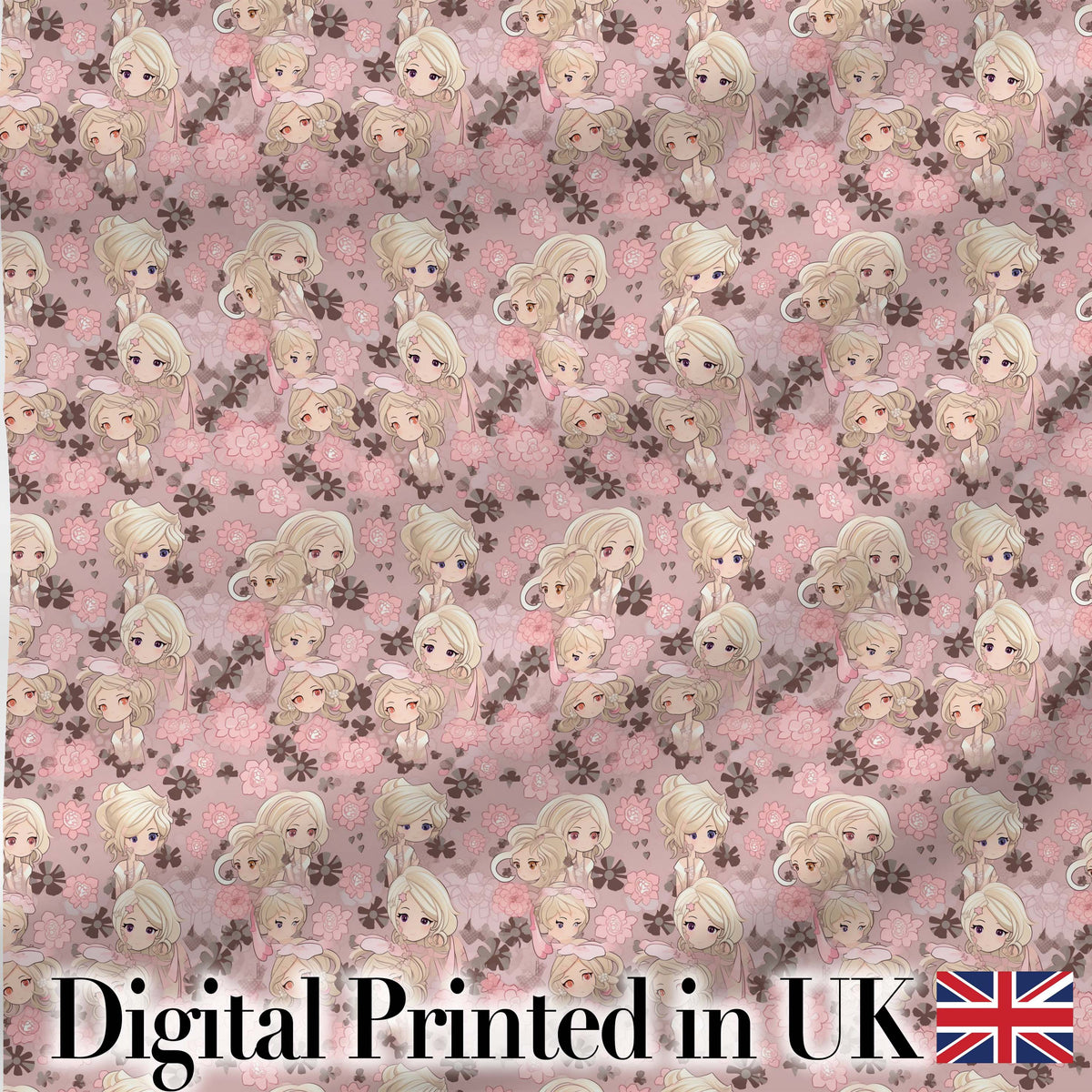 Blonde Chibi Girl Floral Pink Pattern Cute Character Design Lovely  Digital Print Material by the Metre UK Sewing Quilting Textile