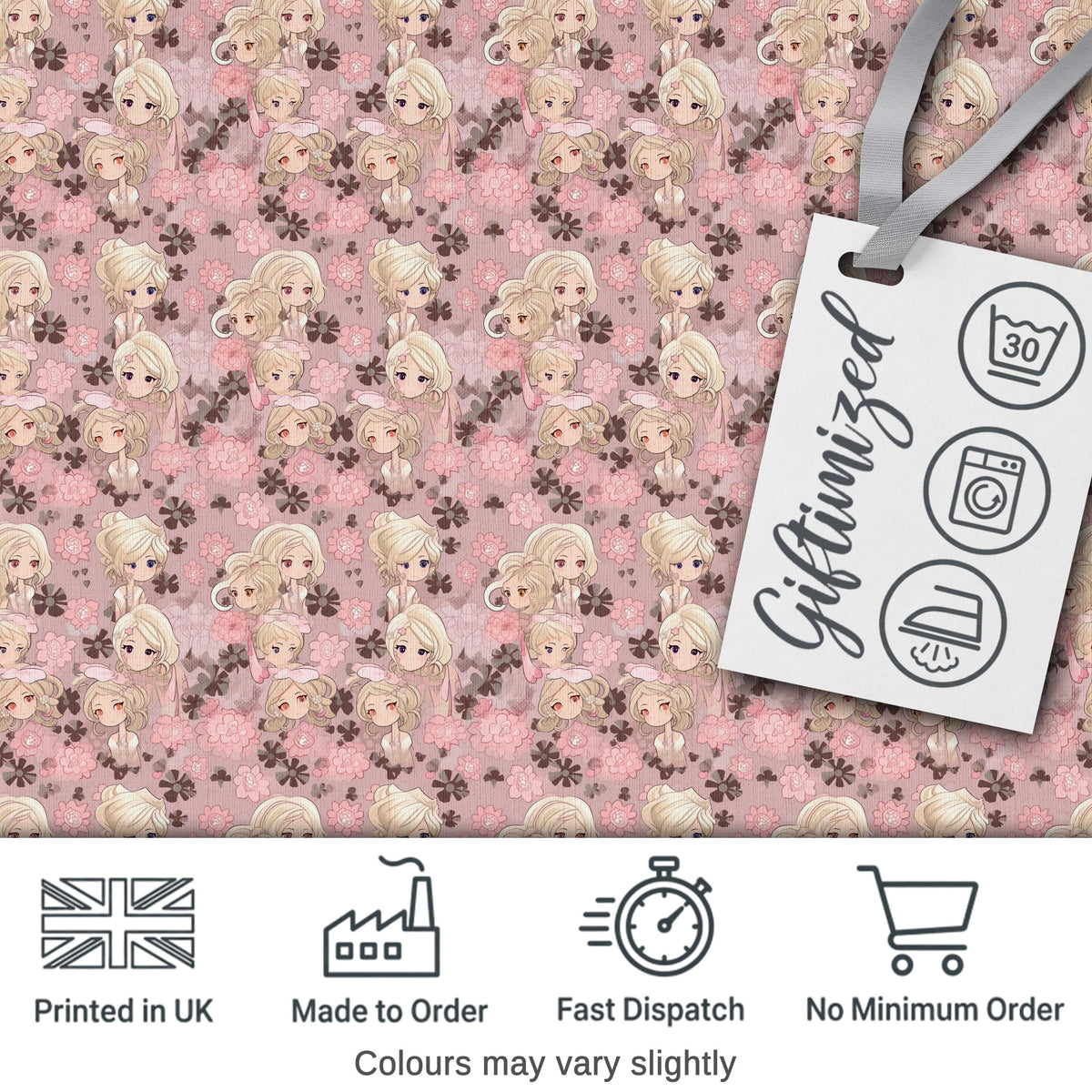 Blonde Chibi Girl Floral Pink Pattern Cute Character Design Lovely  Digital Print Material by the Metre UK Sewing Quilting Textile