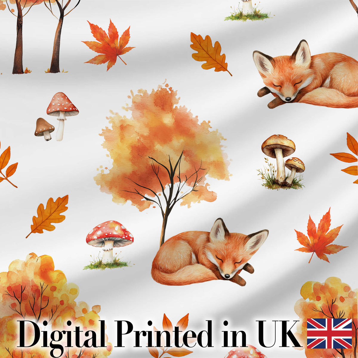 Watercolor Fox Floral Artistic Pattern Stylish Everyday  Lovely  Digital Print Material by the Metre UK Sewing Quilting Textile