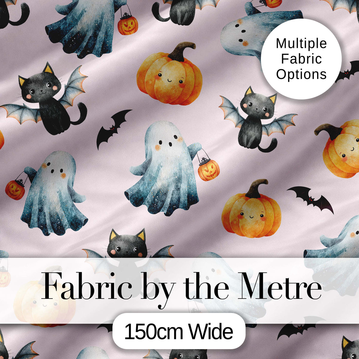 Halloween Ghost Pumpkin Cat Seamless Pattern Beige Cute Spooky  Digital Print Material by the Metre UK Sewing Quilting Textile