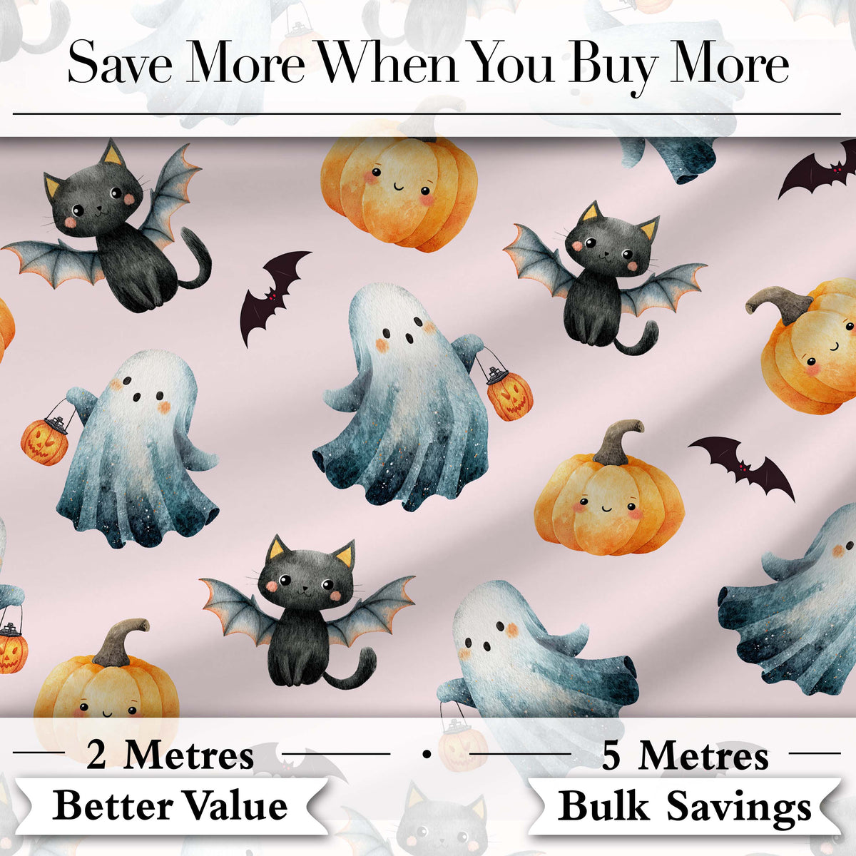 Halloween Ghost Pumpkin Cat Seamless Pattern Beige Cute Spooky  Digital Print Material by the Metre UK Sewing Quilting Textile