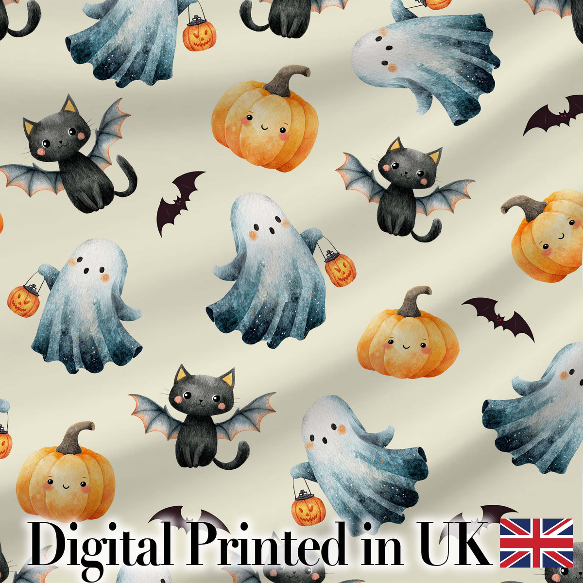 Halloween Ghost Pumpkin Cat Seamless Pattern Light Grey Cute Spooky  Digital Print Material by the Metre UK Sewing Quilting Textile