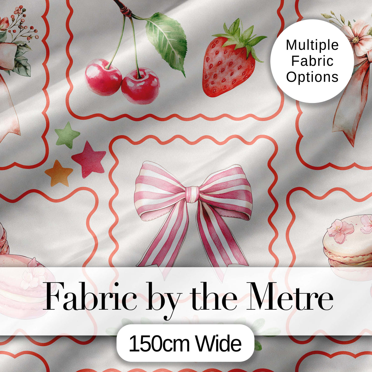 Strawberry Cherry Bow Seamless Pattern Pink Cute Coquette Design  Digital Print Material by the Metre UK Sewing Quilting Textile