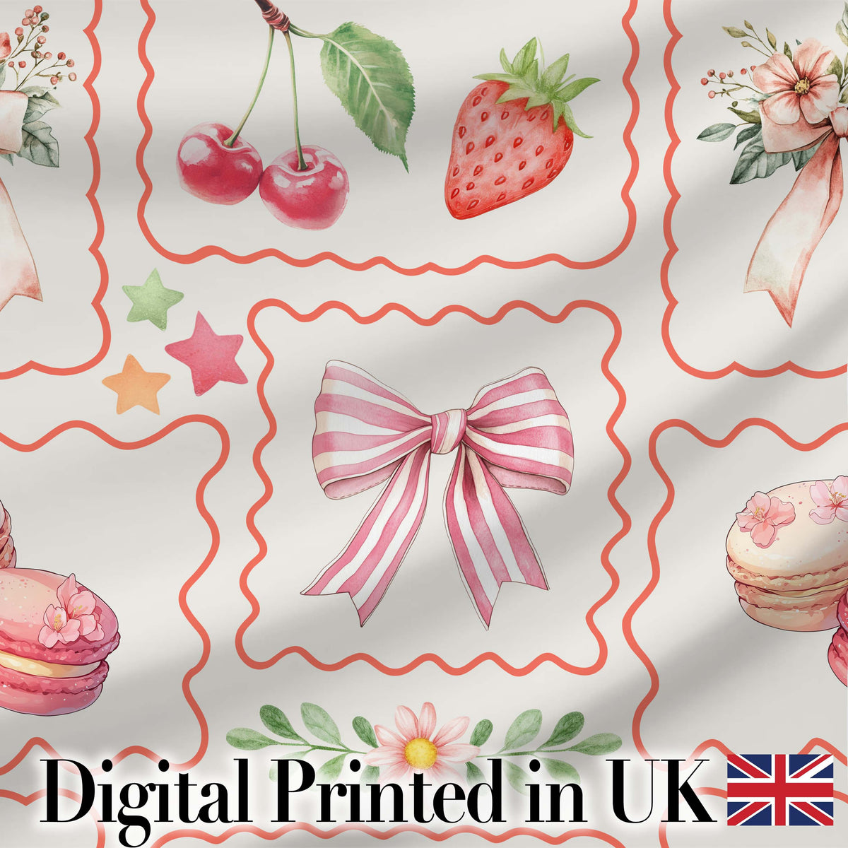 Strawberry Cherry Bow Seamless Pattern Pink Cute Coquette Design  Digital Print Material by the Metre UK Sewing Quilting Textile