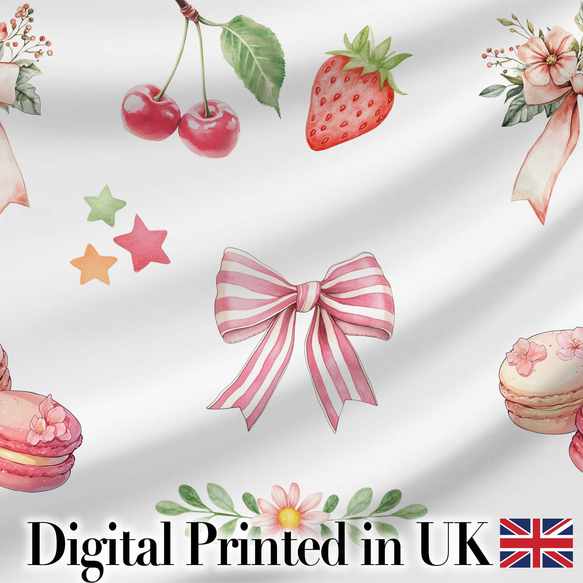 Strawberry Cherry Bow Seamless Pattern Coral Frame Cute Coquette  Digital Print Material by the Metre UK Sewing Quilting Textile