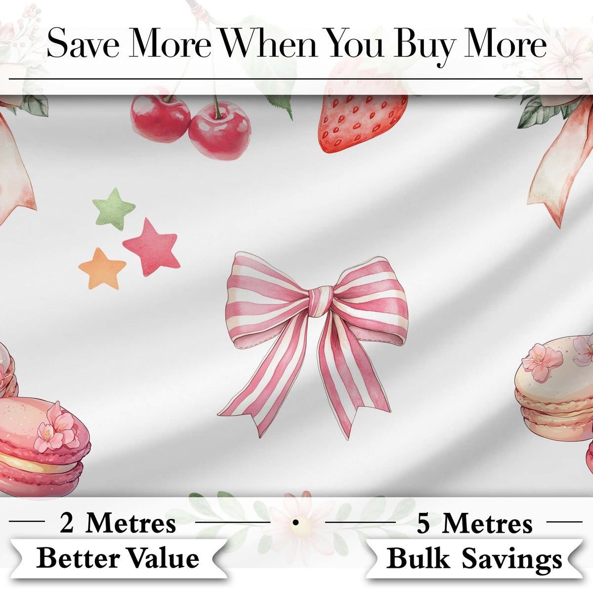 Strawberry Cherry Bow Seamless Pattern Coral Frame Cute Coquette  Digital Print Material by the Metre UK Sewing Quilting Textile