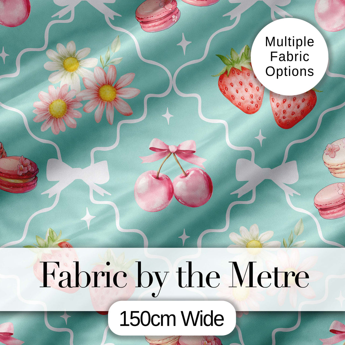 Strawberry Cherry Daisy Seamless Pattern Beige Cute Coquette Floral  Digital Print Material by the Metre UK Sewing Quilting Textile