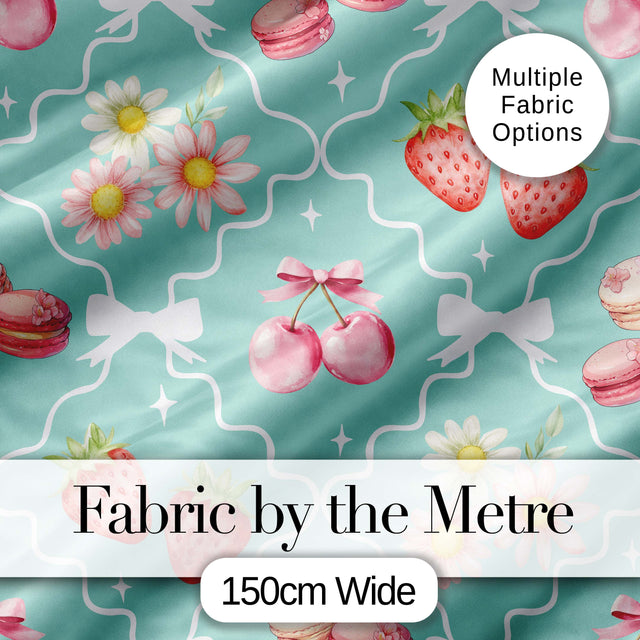 Strawberry Cherry Daisy Seamless Pattern Beige Cute Coquette Floral  Digital Print Material by the Metre UK Sewing Quilting Textile