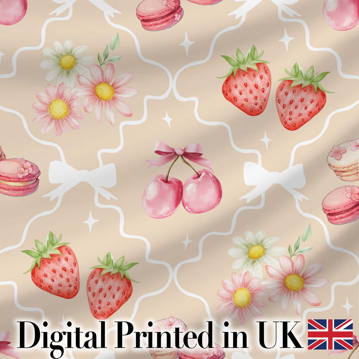 Strawberry Cherry Daisy Seamless Pattern Blue Cute Coquette Floral  Digital Print Material by the Metre UK Sewing Quilting Textile