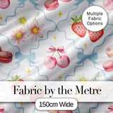 Strawberry Cherry Daisy White Green Outline Cute Coquette Floral  Digital Print Material by the Metre UK Sewing Quilting Textile