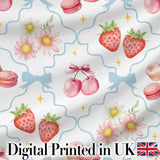Strawberry Cherry Daisy White Green Outline Cute Coquette Floral  Digital Print Material by the Metre UK Sewing Quilting Textile