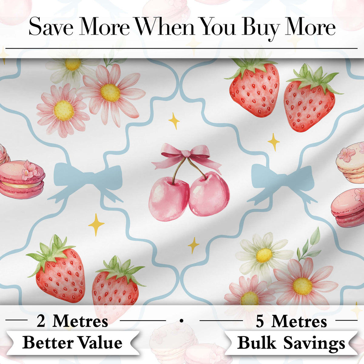 Strawberry Cherry Daisy White Green Outline Cute Coquette Floral  Digital Print Material by the Metre UK Sewing Quilting Textile