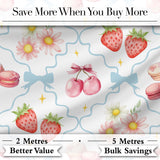 Strawberry Cherry Daisy White Green Outline Cute Coquette Floral  Digital Print Material by the Metre UK Sewing Quilting Textile