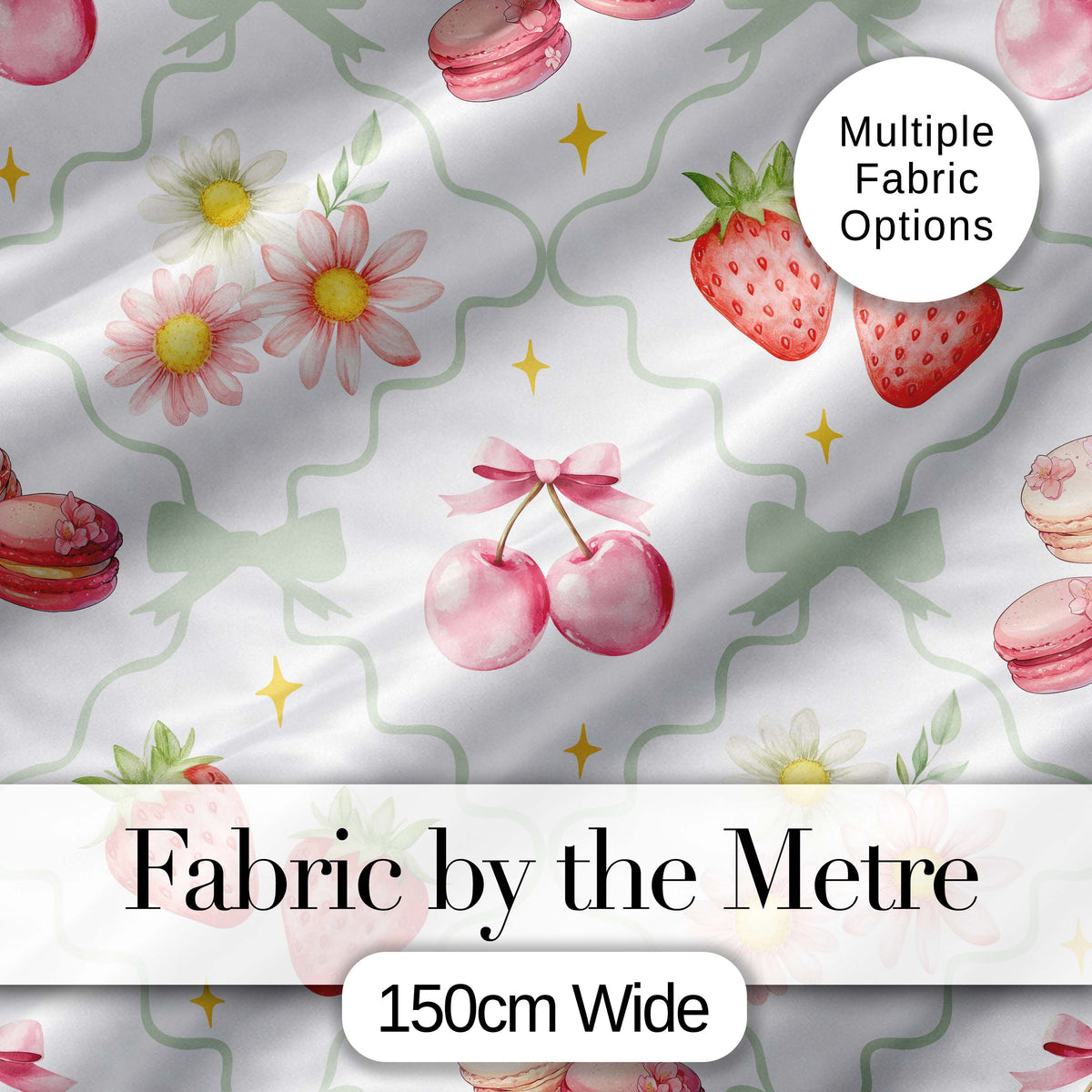 Strawberry Cherry Daisy White Red Outline Cute Coquette Floral  Digital Print Material by the Metre UK Sewing Quilting Textile