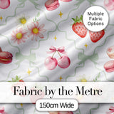 Strawberry Cherry Daisy White Red Outline Cute Coquette Floral  Digital Print Material by the Metre UK Sewing Quilting Textile