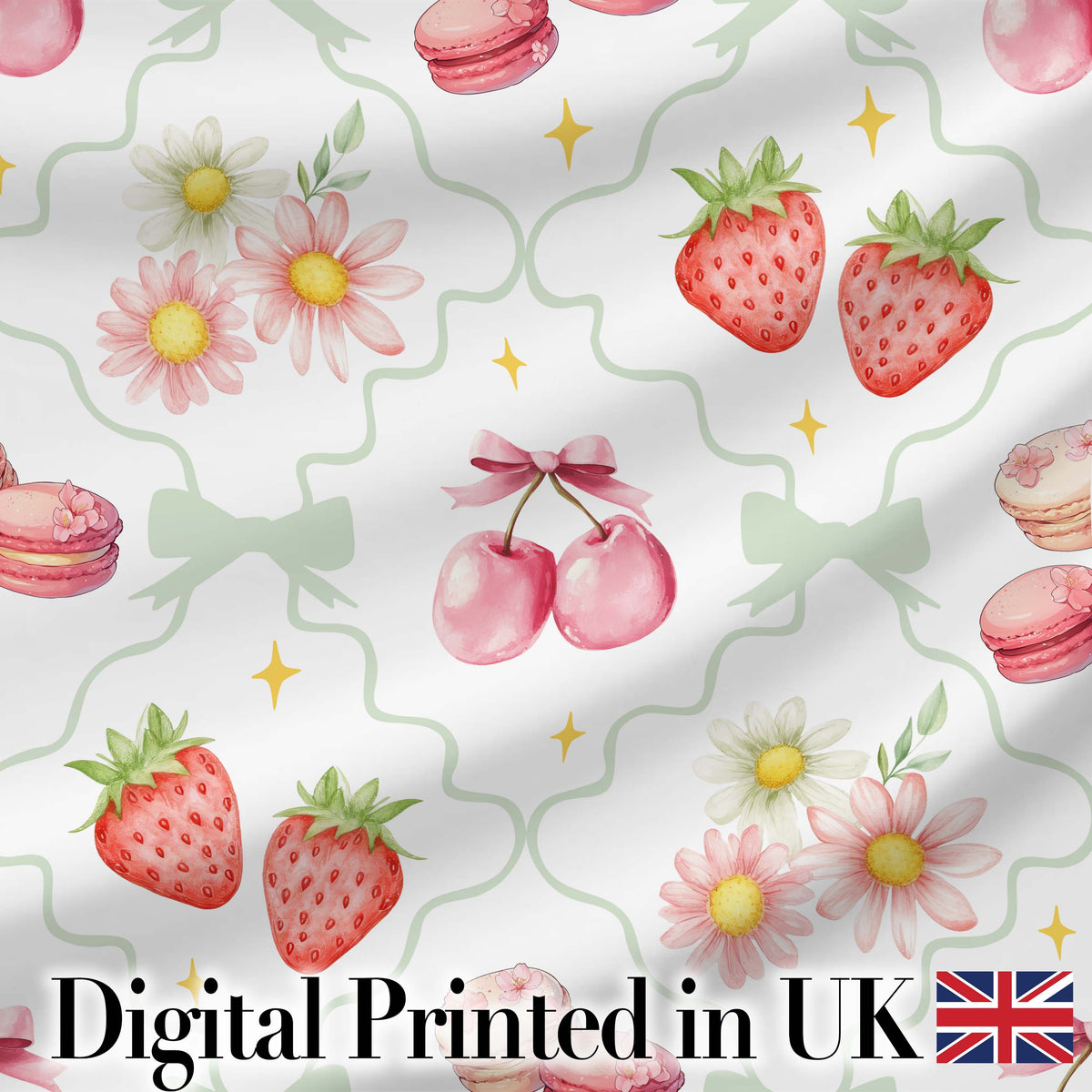 Strawberry Cherry Daisy White Red Outline Cute Coquette Floral  Digital Print Material by the Metre UK Sewing Quilting Textile