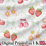 Strawberry Cherry Daisy White Red Outline Cute Coquette Floral  Digital Print Material by the Metre UK Sewing Quilting Textile
