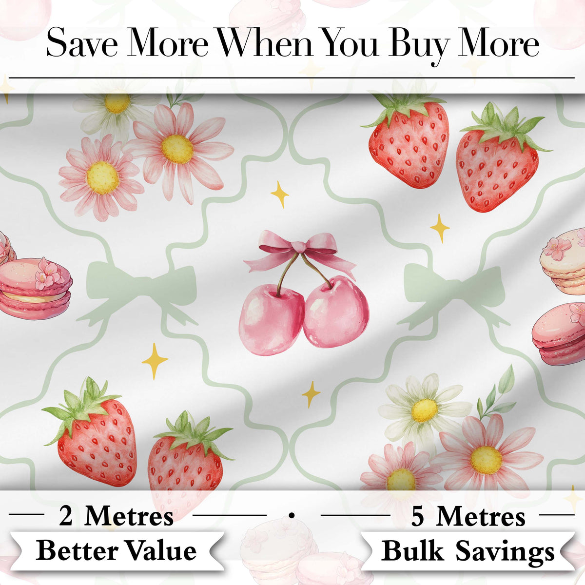 Strawberry Cherry Daisy White Red Outline Cute Coquette Floral  Digital Print Material by the Metre UK Sewing Quilting Textile
