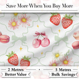 Strawberry Cherry Daisy White Red Outline Cute Coquette Floral  Digital Print Material by the Metre UK Sewing Quilting Textile