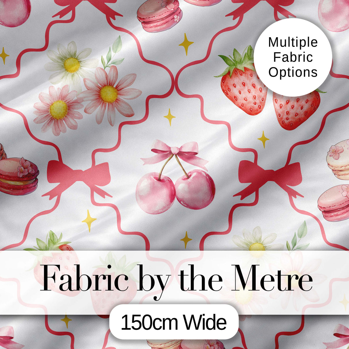 Strawberry Cherry Daisy White Beige Outline Cute Coquette Floral  Digital Print Material by the Metre UK Sewing Quilting Textile