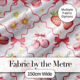 Strawberry Cherry Daisy White Beige Outline Cute Coquette Floral  Digital Print Material by the Metre UK Sewing Quilting Textile